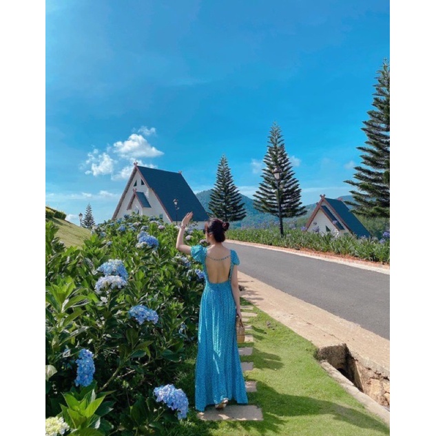 Đầm maxi hoa nhí xanh hở lưng cực vintage nàng thơ lên hình chất chill