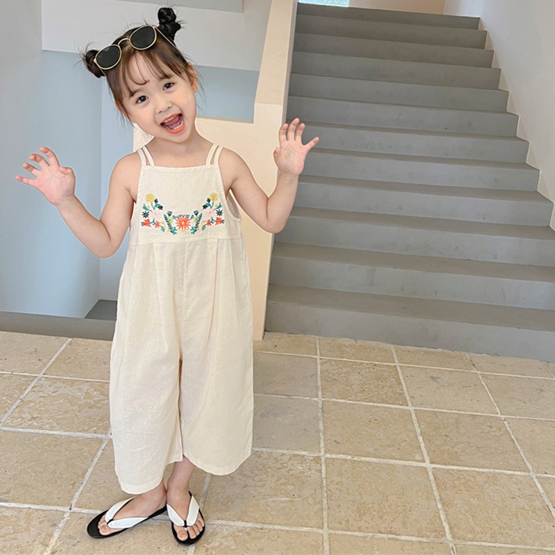 Jumpsuit Hai Dây Thêu Họa Tiết Phong Cách Hàn Quốc Cho Bé Gái