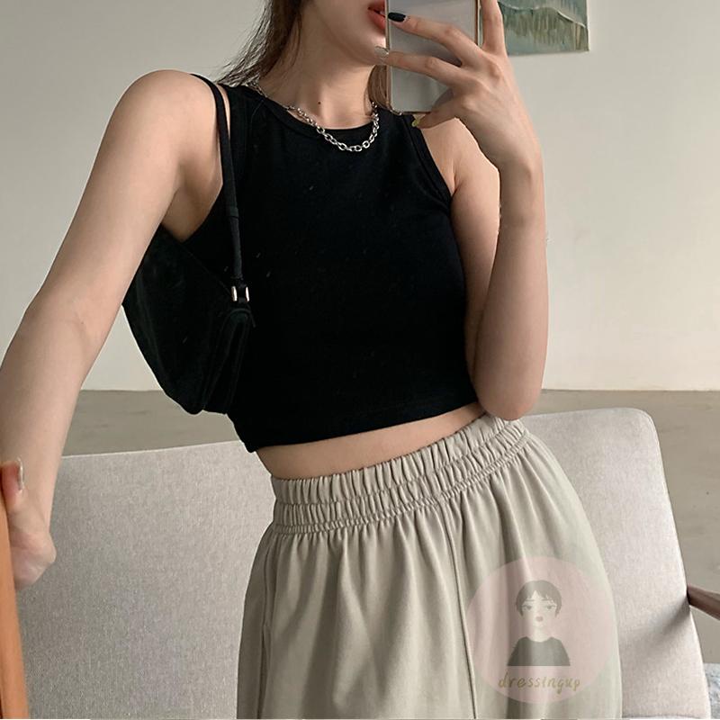 DRE-Women´s Round Collar Tank Tops, Solid Color Sleeveless Navel Tank Tops