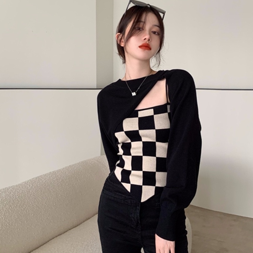 Áo len tay dài hai mảnh họa tiết kẻ ô màu trơn dành cho nữ