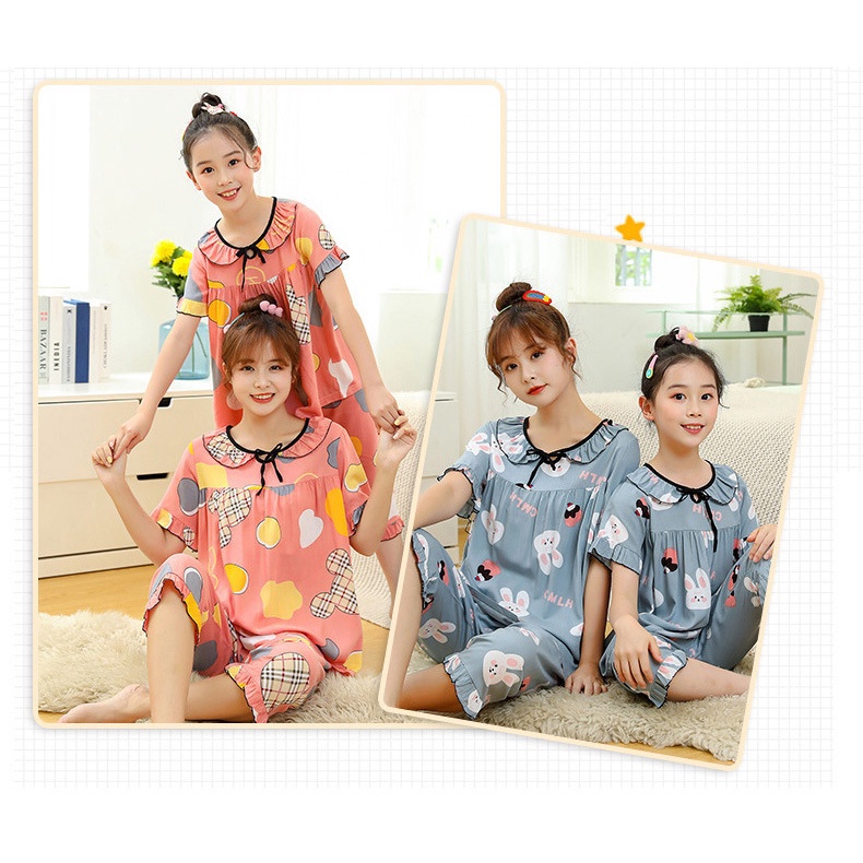 Bộ Đồ Ngủ Cotton Lụa Mỏng Tay Ngắn Viền Xếp Nếp In Họa Tiết Hoạt Hình Thời Trang Cho Mẹ Và Bé Size 110-xl
