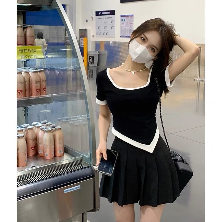 Áo Thun COZOK Tay Ngắn Cổ Vuông Màu Trơn Co Giãn Thời Trang Cho Nữ