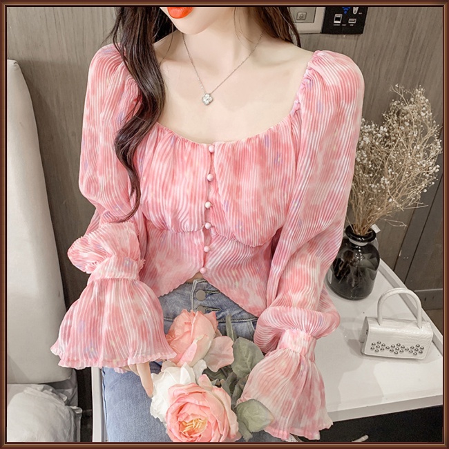 Áo Sơ Mi Chiffon Cổ Vuông Tay Loe Xếp Ly In Họa Tiết Phong Cách Pháp Cổ Điển Thời Trang Cho Nữ