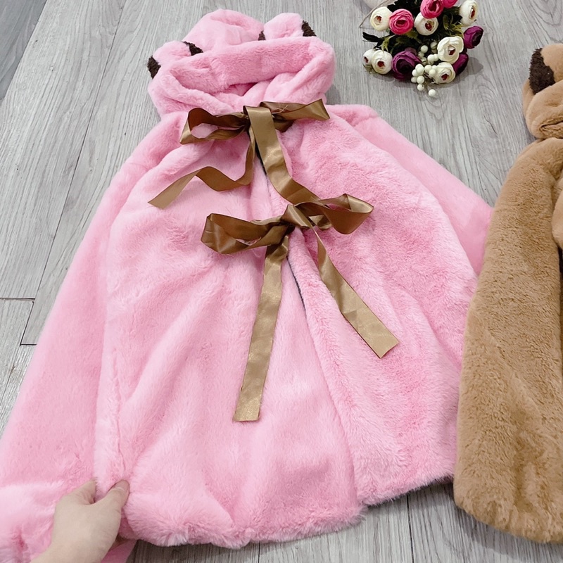 Áo Khoác Lông  nơ Tai Gấu Thắt Nơ  2 Màu  dưới 63kg - Áo Khoác Nữ Lót Lụa G087 - HT STORE