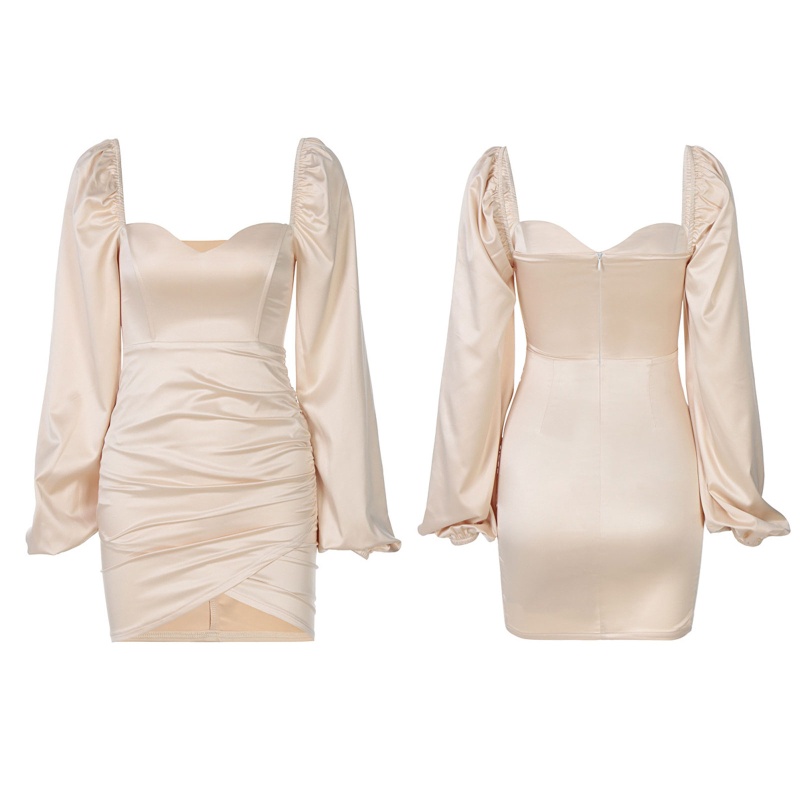 Đầm Satin Tay Phồng Dài Cổ Vuông Xẻ Tà Dáng Ôm Thời Trang Quyến Rũ Cho Nữ