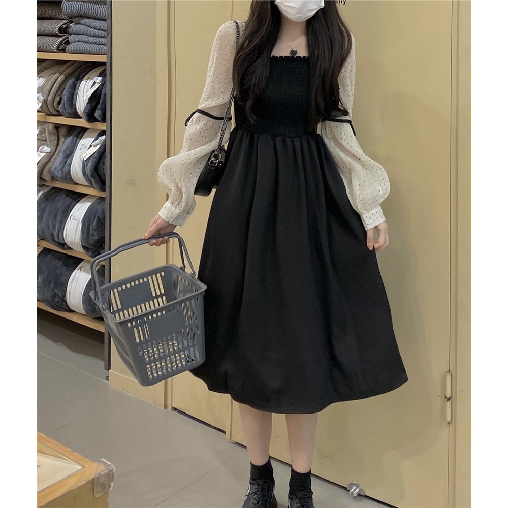 Đầm Chữ A Tay Dài Cổ Vuông Thắt Dây Phong Cách Thời Trang Pháp 2022 Mới