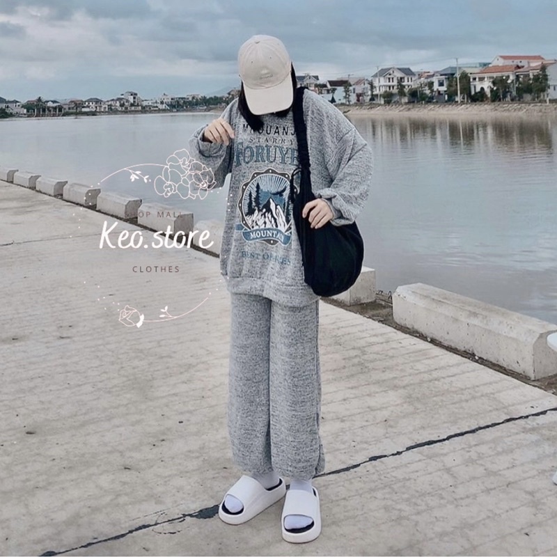 Đồ bộ nữ, Set đồ dài tay màu xám chất nỉ mùa đông phong cách Hàn Quốc Ulzzang dành cho nữ dáng unisex thể thao cá tính