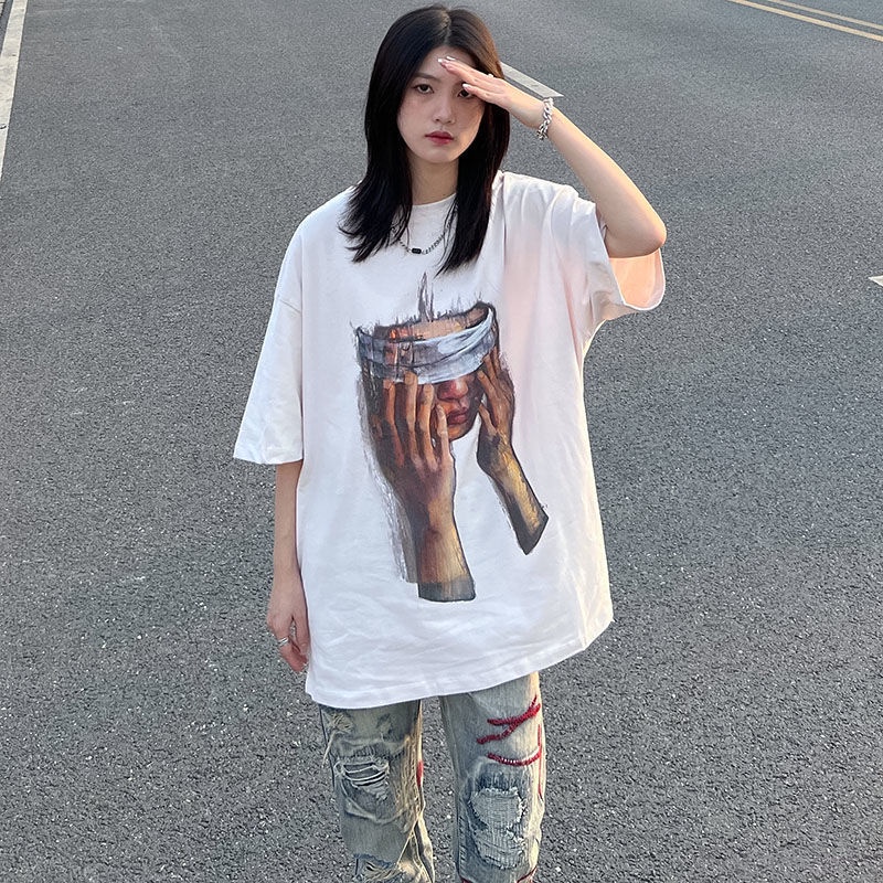 Áo Thun Nữ Ngắn Tay Cổ Tròn Form Rộng In Hình Chân Dung Phong Cách retro