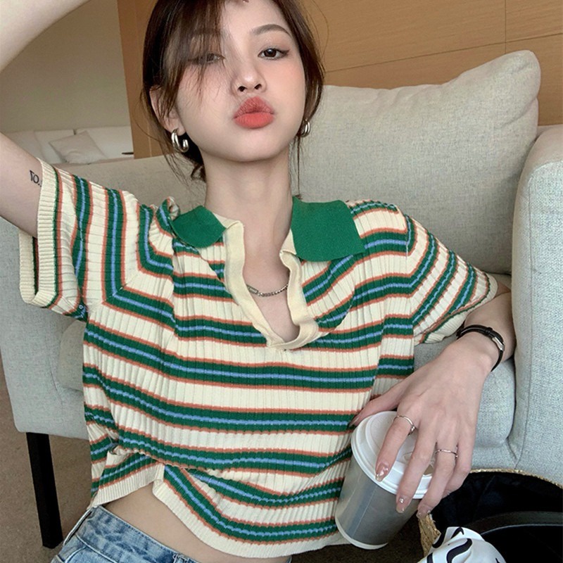 Áo croptop polo ZHELIHANGFEI dệt kim tay ngắn kẻ sọc kiểu vintage dễ thương thời trang