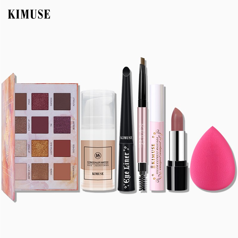 Set mỹ phẩm trang điểm KIMUSE gồm son môi + kẻ mày + bảng mắt 12 màu + mascara + kem nền chất lượng cao