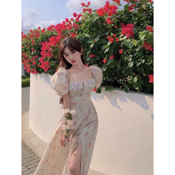 Đầm maxi hoa nhí màu be đi biển