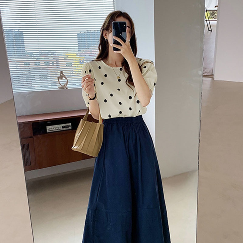 IELGY Áo Kiểu Tay Ngắn Họa Tiết Chấm Bi Dành Cho Nữ