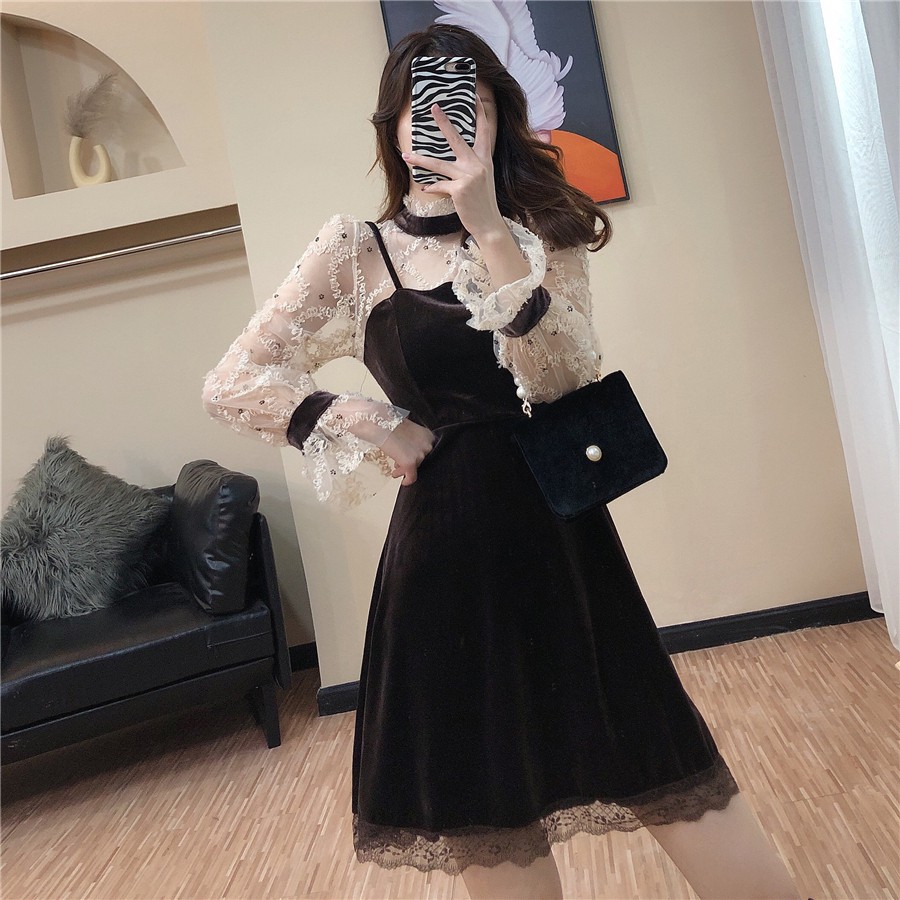 Đầm nhung chữ A phối tay voan sang chảnh váy nhung Hàn Quốc Đ319