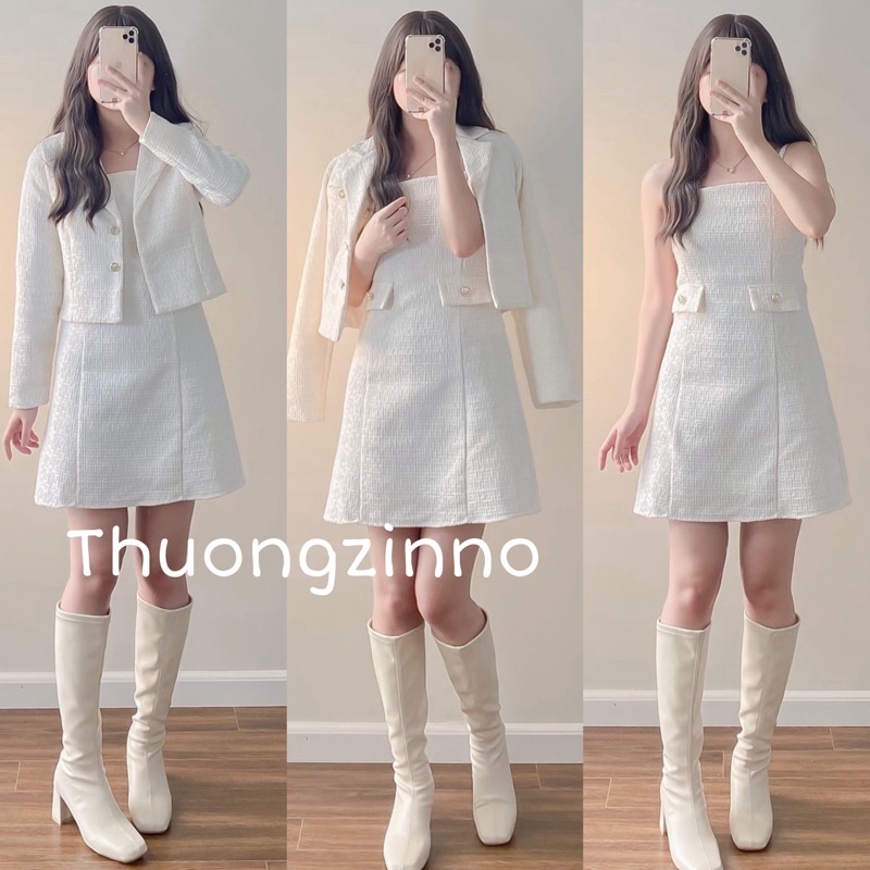 [Ảnh thật/Video] SET VÁY TWEED gồm váy hai dây kèm áo khoác ngoài xinh như tiểu thư | BigBuy360 - bigbuy360.vn