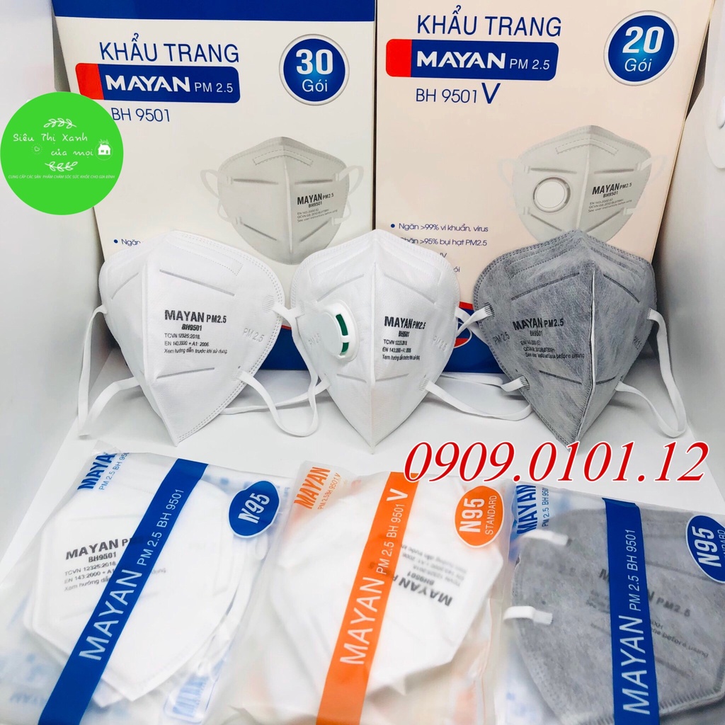 Khẩu trang n95 Mayan bh9501 chính hãng, kn95 mask đệm mũi cao cấp lớp lọc kháng khuẩn than hoạt tính