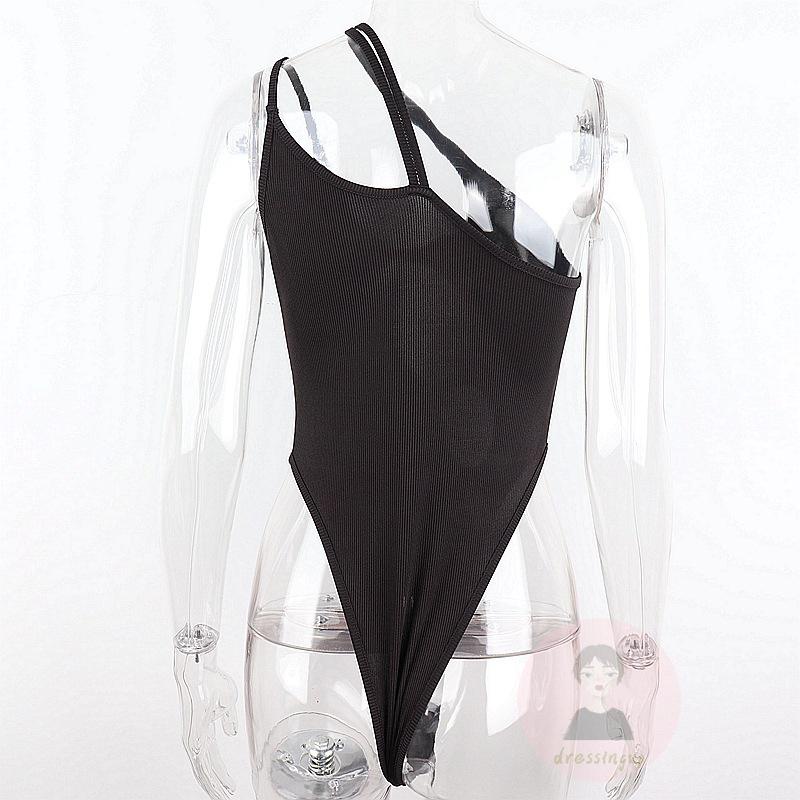 DRE-Women Irregular Backless Bodysuit,Ribbed Solid Color Spaghetti Strap Cutout Halter Bodysuit