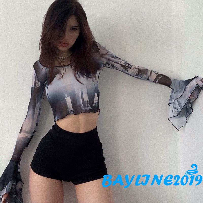 Áo Croptop Dài Tay Thiết Kế Nhún Bèo Thời Trang Cho Nữ