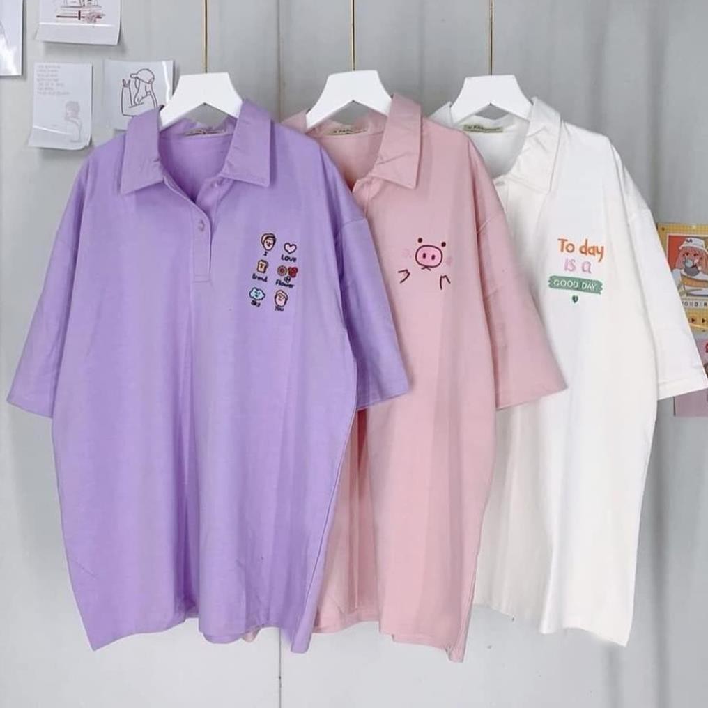 Áo thun POLO nữ tay lỡ có cổ phông form rộng freesize unisex mặc đi học, cặp, nhóm, lớp in hình DỄ THƯƠNG ˇ