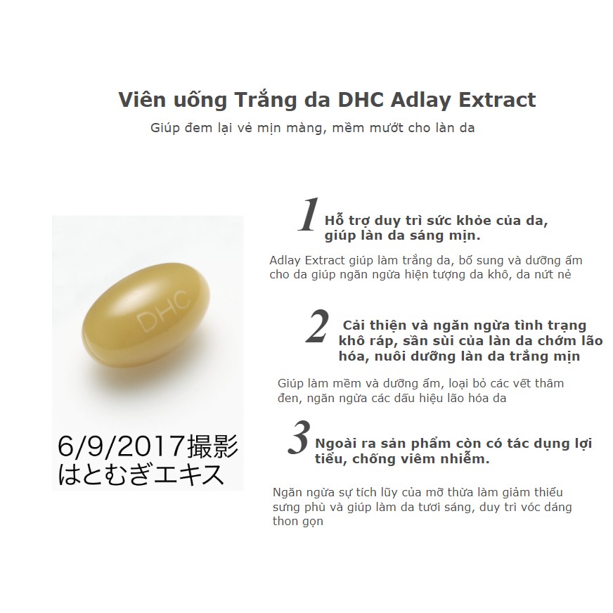 Viên uống sáng da DHC adlay extract TẶNG mặt nạ Sexylook (Nhập khẩu)