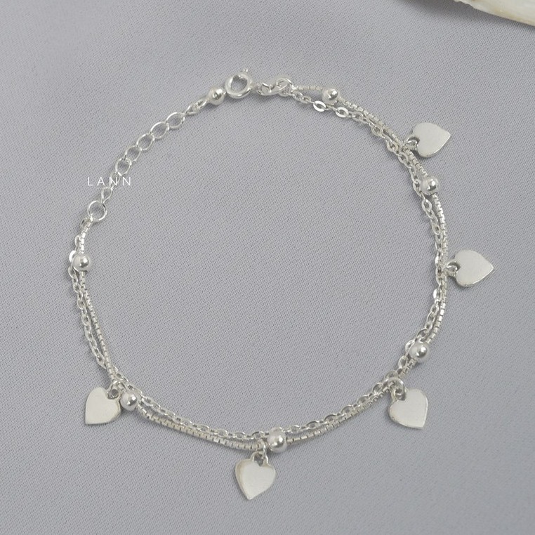 Lắc chân 2 dây xích treo charm tim dẹt BẠC S925 LANN A050