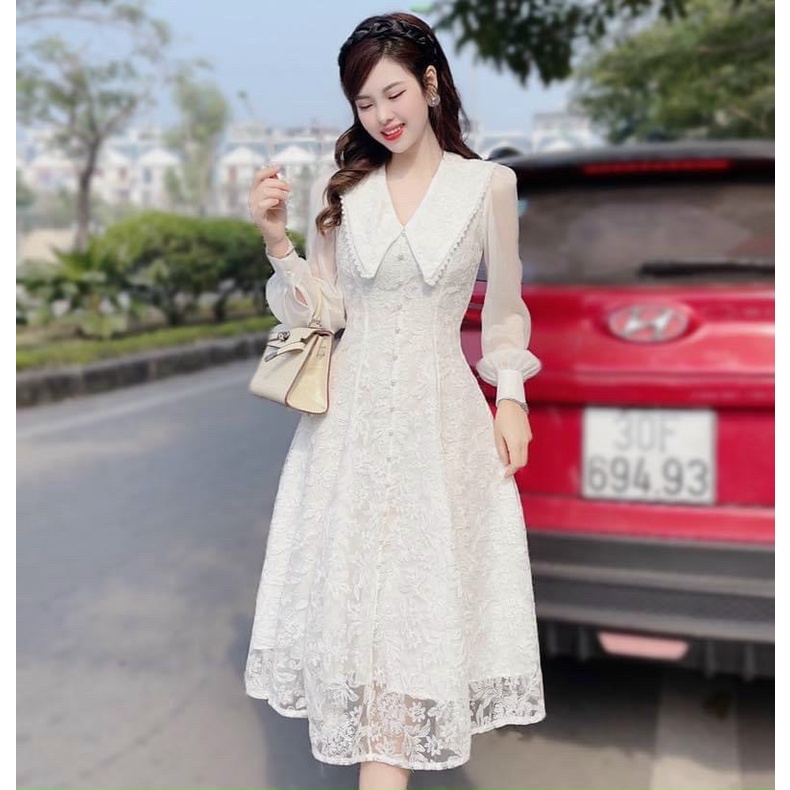 ĐẦM THIẾT KẾ REN CỔ LÁ SEN TAY DÀI TRẮNG TINH KHÔI SIÊU SANG HHP FASHION