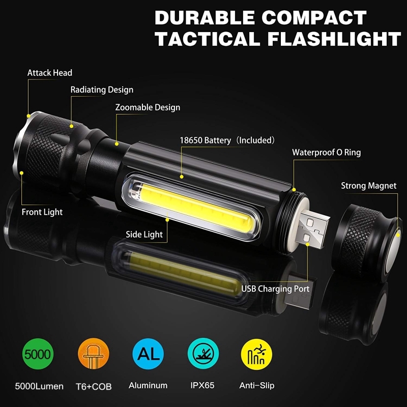 Đèn pin LED đa năng 5000LM USB sạc pin T6Side COB Light Magnet Magnet Light