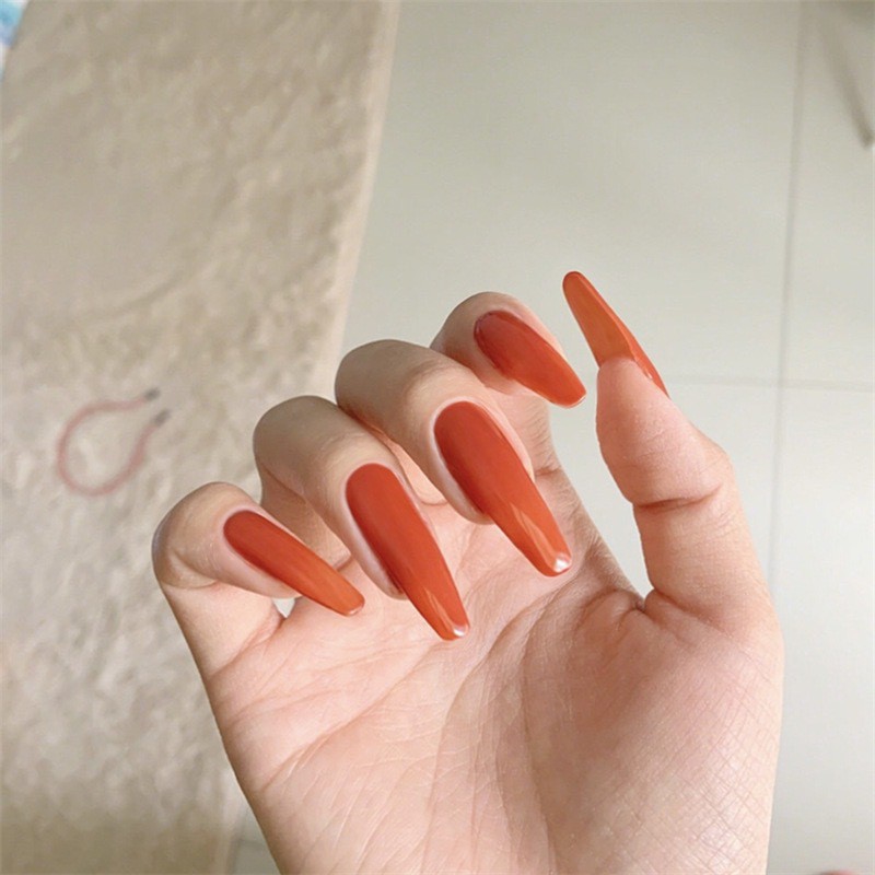Bộ 24 móng tay giả màu cam dáng dài 3D chống thấm nước (tặng keo dán)