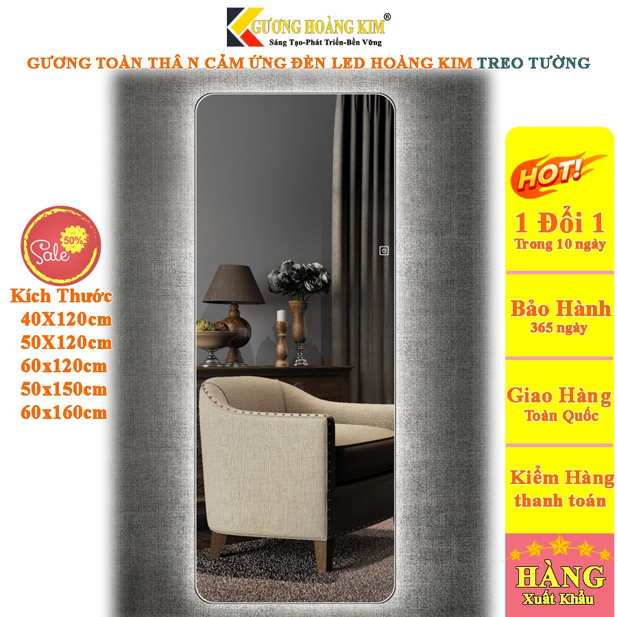 Gương toàn thân cảm ứng đèn led không viền treo tường giá rẻ kích thước 50X150, 60X160 cm - guonghoangkim mirror HK1010