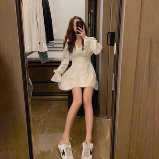 Váy trắng xoè xếp ly eo 🍒FREESHIP🍒 cực xinh váy sơ mi tay dài