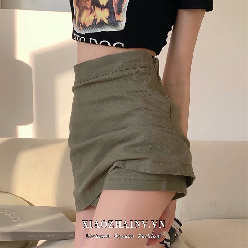 Chân váy ngắn lưng cao màu trơn màu xanh rêu
