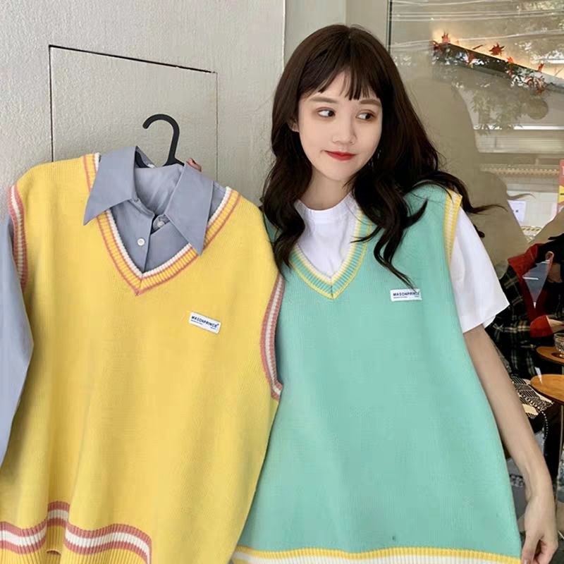 Áo gile ấm cổ V rộng dệt kim cho nữ sinh