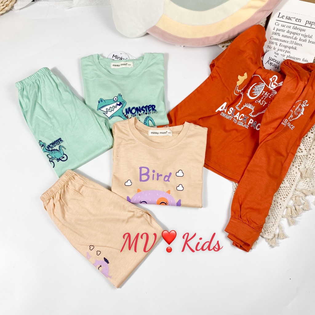 [SALE]Bộ Quần Áo Bé Gái, Bé Trai Minky Mom Vải Thun Lạnh Khủng Long Đạp Xe, Bộ Dài Tay Cho Bé Mặc Nhà Thu Đông MKMTD2155