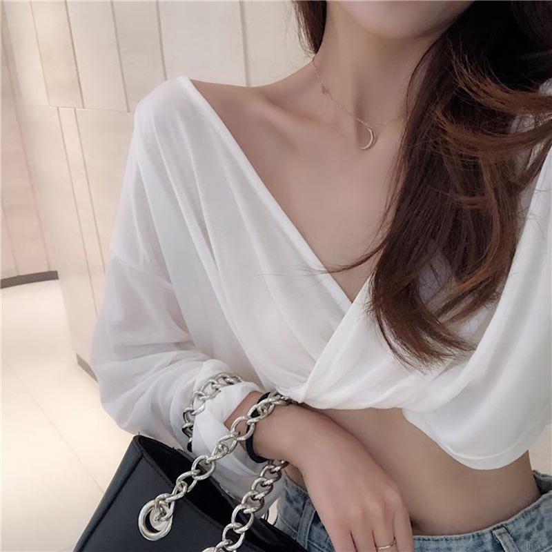 Áo Croptop Tay Dài Cổ Chữ V Thiết Kế Đắp Chéo Phối Dây Thời Trang Phong Cách Hàn Quốc