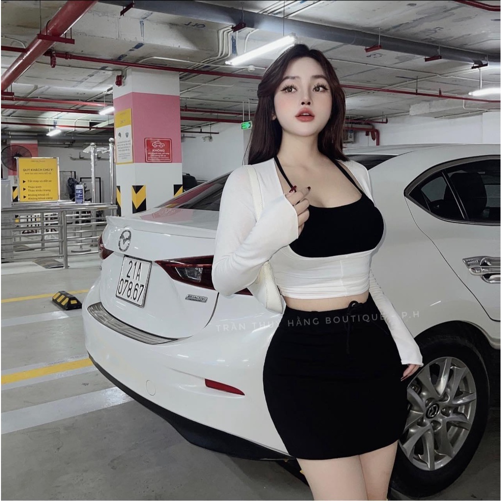 SET croptop tay dài 3 món PINKSTORE29 kèm yếm, váy ôm phong cách cá tính S054