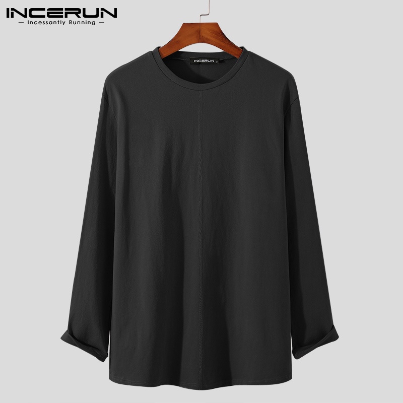 Áo cotton INCERUN dài tay cổ tròn có độ co giãn thoải mái dành cho nam