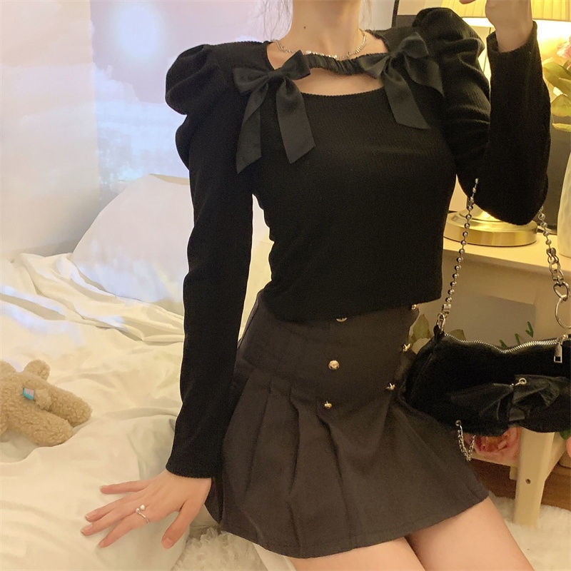 Áo dệt kim tay phồng màu trơn đính nơ thời trang xuân hè mới