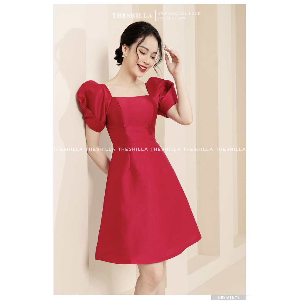 Váy thiết kế cao cấp màuđỏ tay phồng cổ vuông [ Có video + Ảnh thật ] The Shilla - B08-51B7