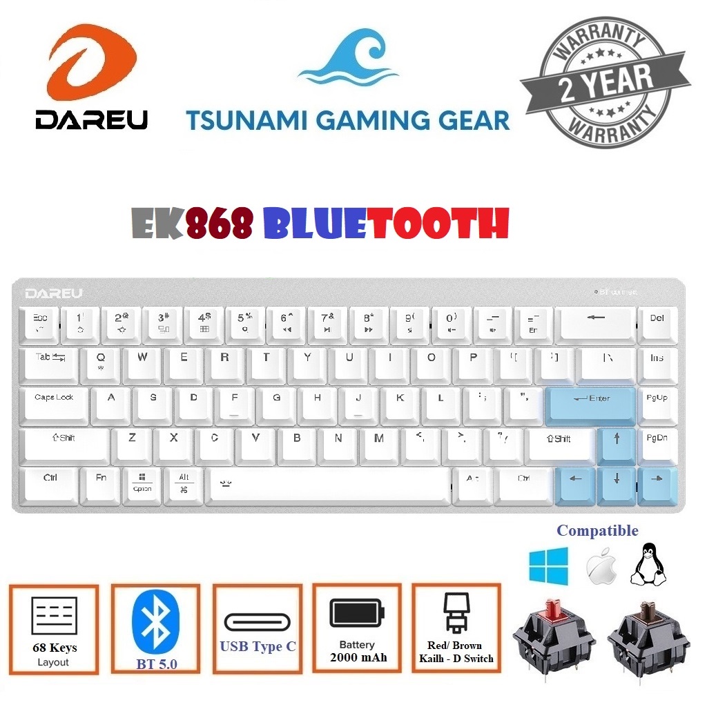 Phím cơ không dây DAREU EK868 WHITE Bluetooth/ USB Type C/ 68KEY/ SLIM/ KAILH switch