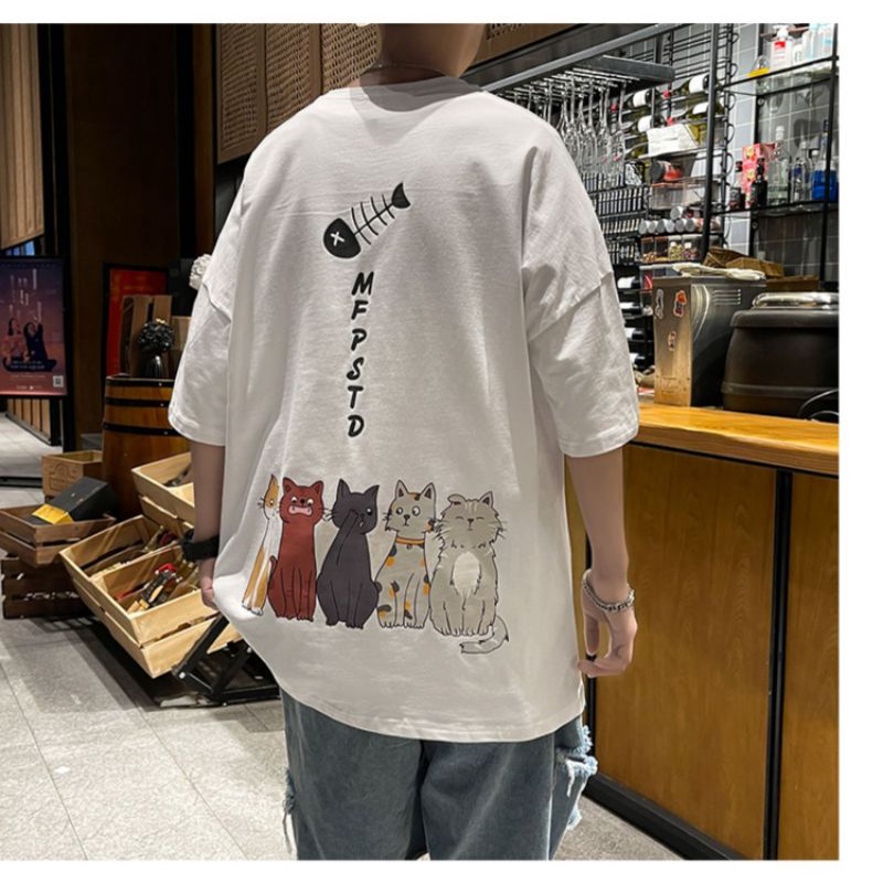 Áo Tay Lỡ Form Unisex In Hình Chú Mèo , Áo Thun Phông Rộng Nam Nữ