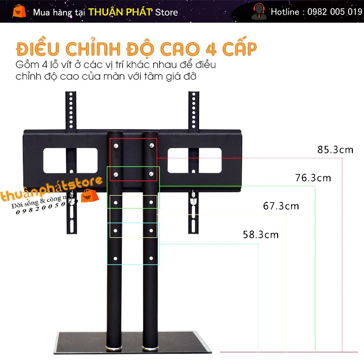 [Hàng Cao Cấp] Chân đế tivi đa năng 40-65 Inch - Chân tivi để bàn mặt kính cường lực - 2 trụ chịu lực lớn  Model: DZ65