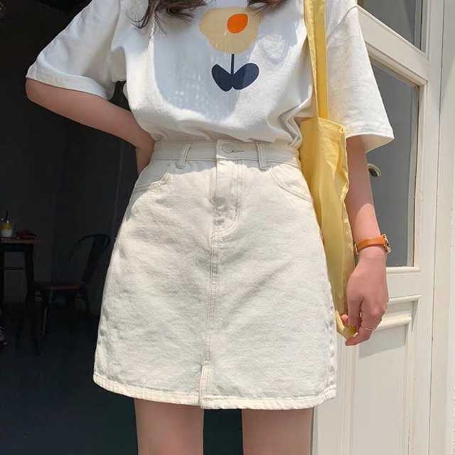 Chân váy jean trắng cúc trắng