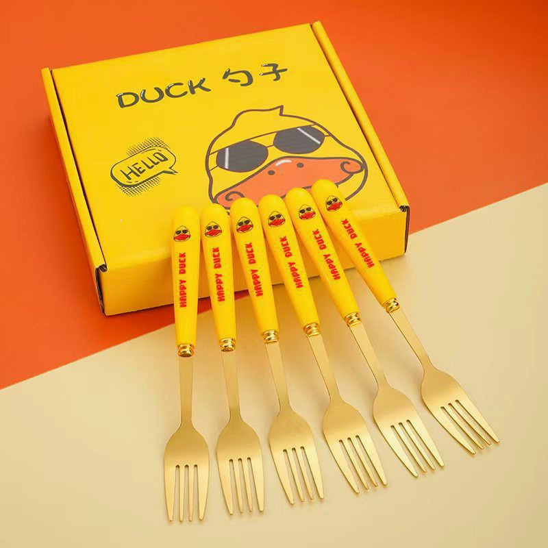 Bộ 6 Thìa Dĩa Inox Con Vịt Vàng Ngộ Nghĩnh Dễ Thương