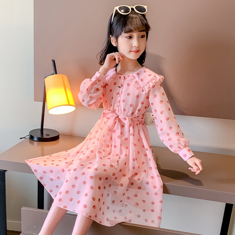 Đầm Tay Dài Cổ Bẻ Họa Tiết Chấm Bi Đơn Giản Thời Trang Mùa Hè Mới Dành Cho Bé Gái 2022