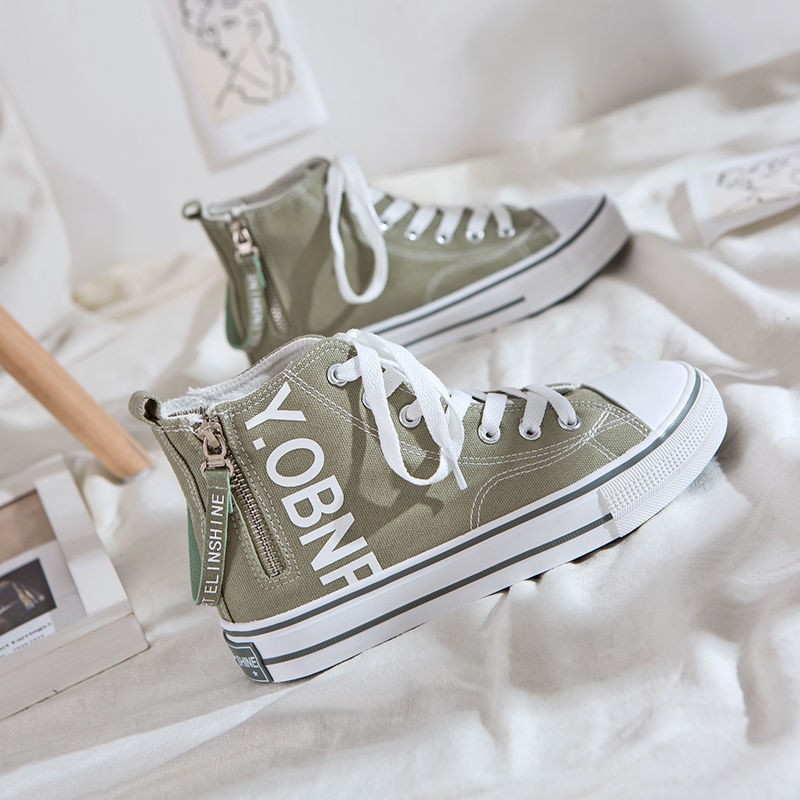 Giày Vải Canvas Cổ Cao Phối Khóa Dây Kéo Bên Hông Phong Cách Harajuku Hàn Quốc Mới Cho Nữ