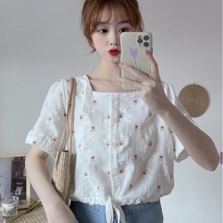 Áo croptop nữ, áo kiểu cổ vuông hoa nhí thắt eo tay ngắn trắng 2022