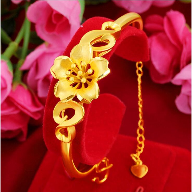 Vòng tay mạ vàng hình cỏ bốn lá/hoa nở/ hoa sen cầu tài lộc phong cách Trung Hoa làm quà ngày tình nhân cho nữ