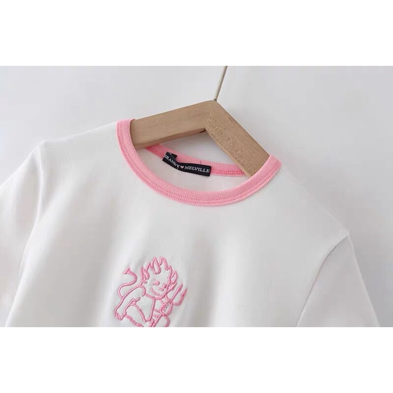 Áo thun croptop thêu phối viền Hồng AL