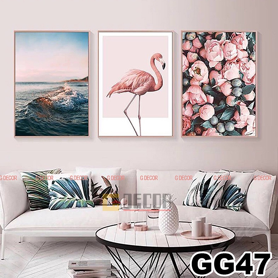 Tranh treo tường canvas khung gỗ 3 bức phong cách hiện đại Bắc Âu tranh chim công trang trí phòng khách phòng ngủ spa 44