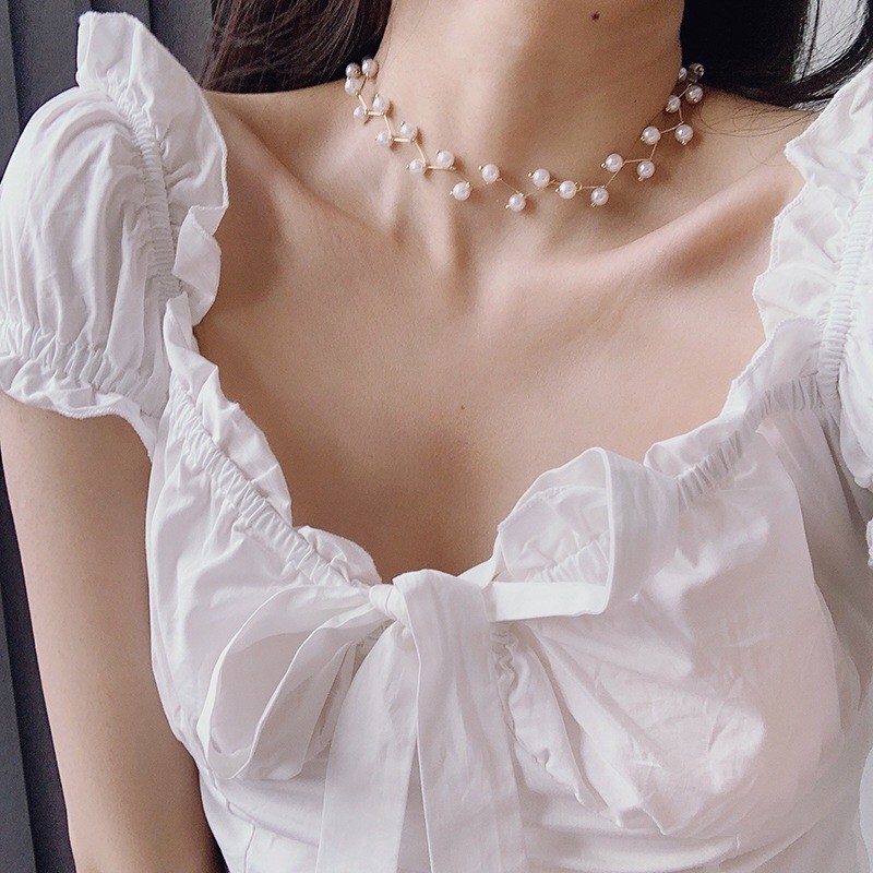 Vòng Cổ Nữ Choker Dây Chuyền Cổ Đính Hạt Cao Cấp - Màu Trắng/Đen