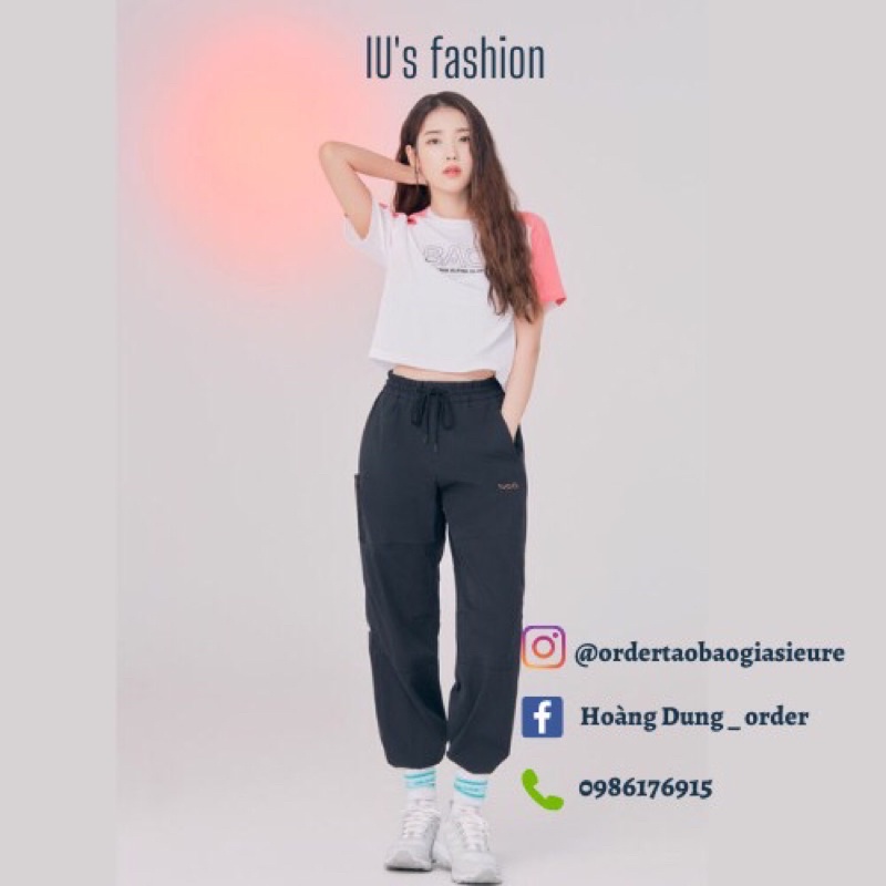 Áo phông croptop IU + quần thể thao chun gấu alibaba ulzzang